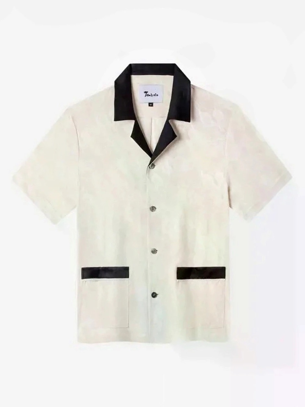 Tombolo Cream Black Contrast Collar Camp Shirt Geometric Sz S